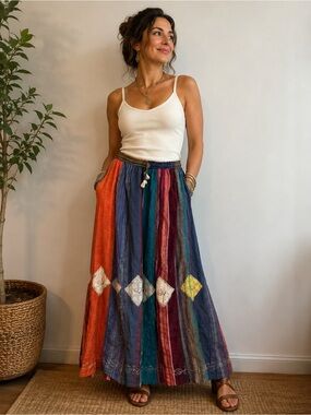 Gypsy Patchwork Hippie Festival Cotton Skirt Retro Dress Handmade Nepal SZ L